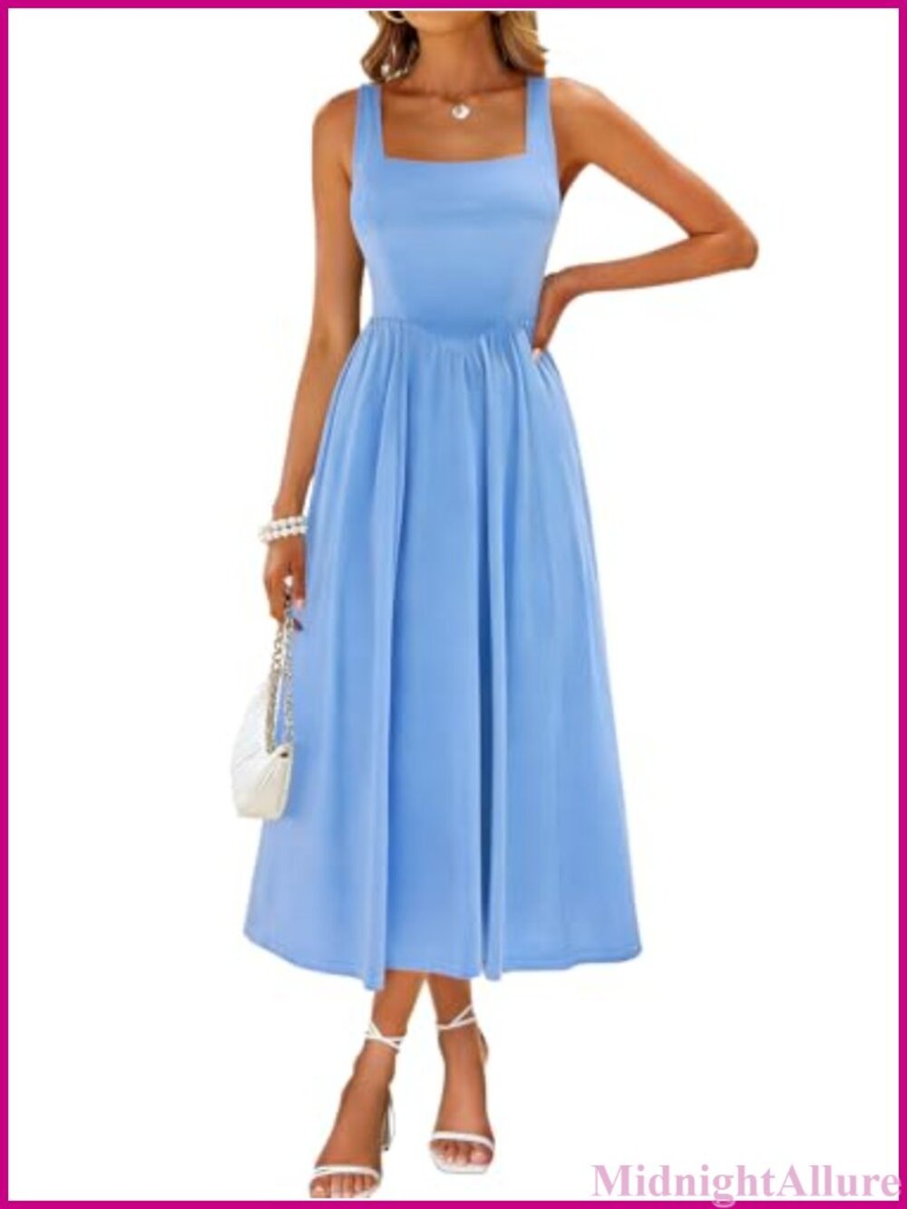 Sleeveless Square Neck A-Line Midi Dress with Pockets Casual Summer